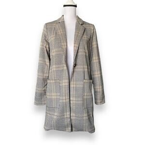 Philosophy Long Line Blazer Jacket Sz XS/S Brown Herringbone Plaid Patch Pockets